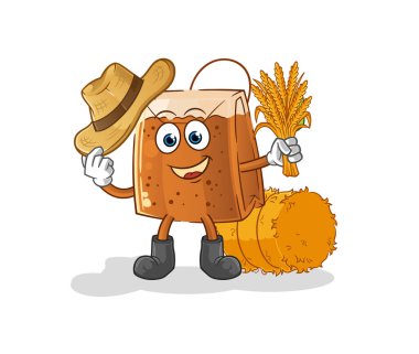 Çay poşeti çiftçi maskotu. çizgi film vektörü