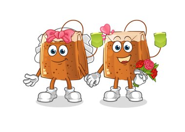 Çay poşeti düğün çizgi filmi. çizgi film maskotu vektörü