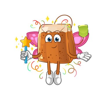 Kanatlı ve sopalı çay poşeti perisi. çizgi film maskotu vektörü