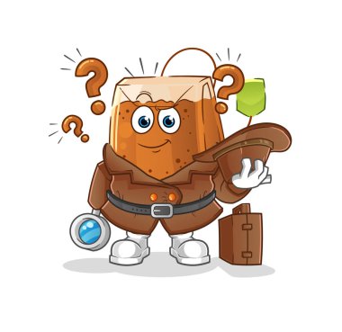 Çay poşeti dedektif vektörü. çizgi film karakteri