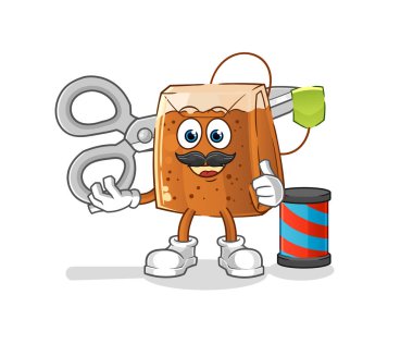 Çay poşeti berber çizgi filmi. çizgi film maskotu vektörü