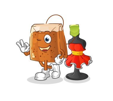 Çay poşeti moda tasarımcısı vektörü. çizgi film karakteri