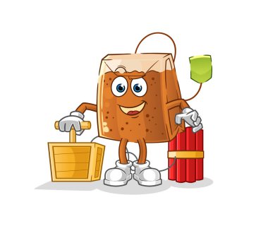 Çay poşetinde dinamit fünyesi var. çizgi film maskotu vektörü