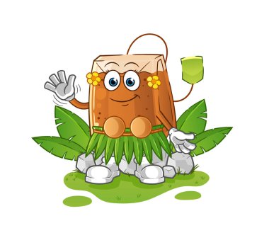 Çay poşeti Hawaii el sallayan karakteri. çizgi film maskotu vektörü