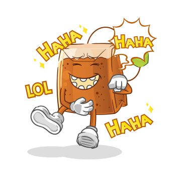 Çay poşeti kahkahalarla gülen adam. çizgi film maskotu vektörü