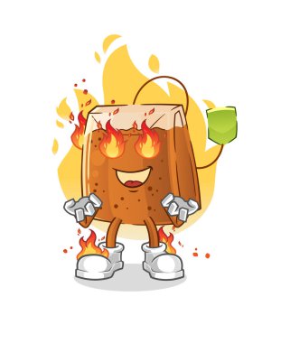 Yangın maskotunda çay poşeti. çizgi film vektörü