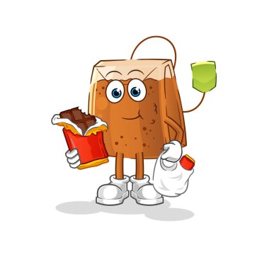 Çay poşeti çikolata maskotu yer. çizgi film vektörü