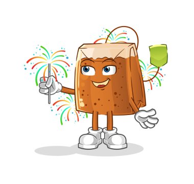 Havai fişek maskotlu çay poşeti. çizgi film vektörü