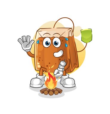 Çay poşeti marşmelov kızartıyor. çizgi film maskotu vektörü