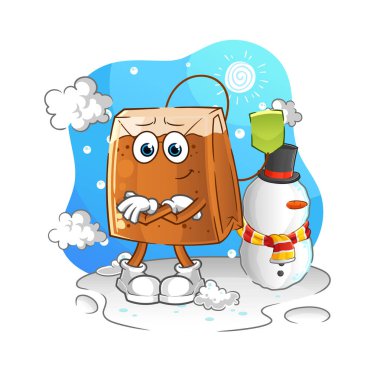 Soğuk kış karakterli çay poşeti. çizgi film maskotu vektörü