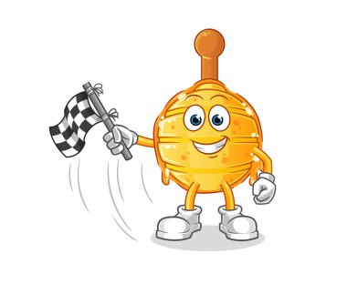 Tahta bala batırıcı bitiş bayrağını tut. çizgi film maskotu vektörü