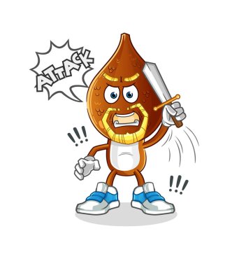 Yılan meyvesi kafalı çizgi film şövalyeleri kılıçla saldırır. çizgi film vektörü