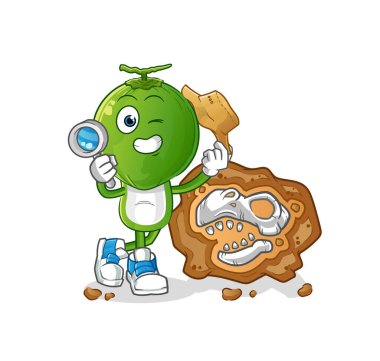 Fosil maskotlu yeşil hindistan cevizi kafalı arkeologlar. çizgi film vektörü