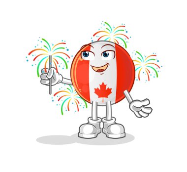 Kanada bayrağı ve havai fişek maskotu. çizgi film vektörü