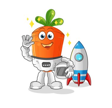 Havuç astronot el sallıyor. çizgi film maskotu vektörü