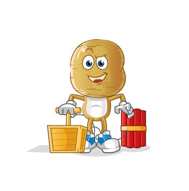 Patates kafalı çizgi film elinde dinamit fünyesi tutuyor. çizgi film vektörü