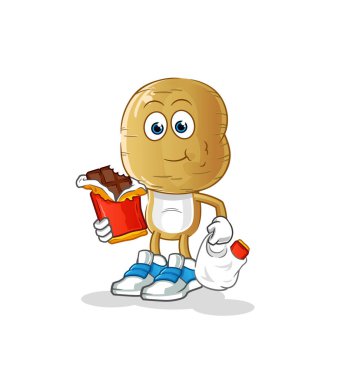 Patates kafalı çizgi film karakteri çikolata maskotu yer. çizgi film vektörü