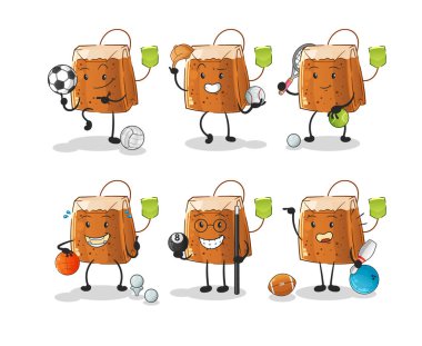 Çay poşeti spor takımı karakteri. çizgi film maskotu vektörü