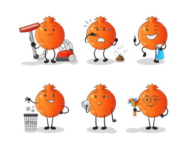 Nar temizleme grubu karakteri. çizgi film maskotu vektörü