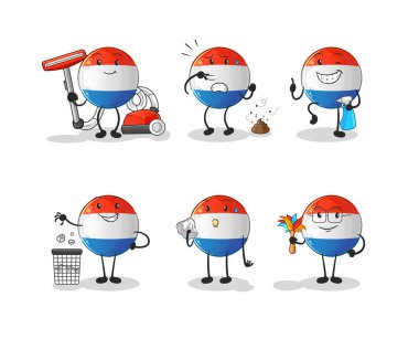 Flaman bayrak temizleme grubu karakteri. çizgi film maskotu vektörü