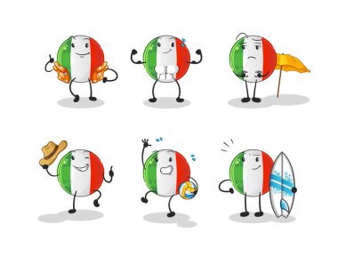 İtalya bayrağı plaj tatili seti karakteri. çizgi film maskotu vektörü