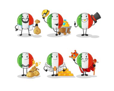 İtalyan bayraklı zengin grup karakteri. çizgi film maskotu vektörü