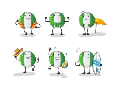 Nijerya bayrağı plaj tatili set karakteri. çizgi film maskotu vektörü