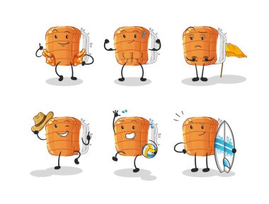 Suşi sahili tatil seti karakteri. çizgi film maskotu vektörü