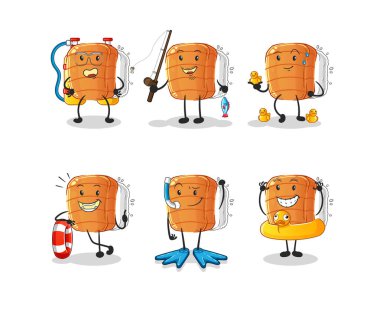 Suşi su aktivite grubu. çizgi film maskotu vektörü