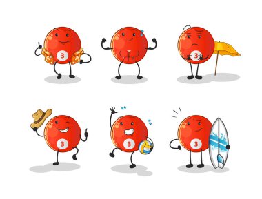 Kırmızı bilardo topu plaj tatili set karakteri. çizgi film maskotu vektörü