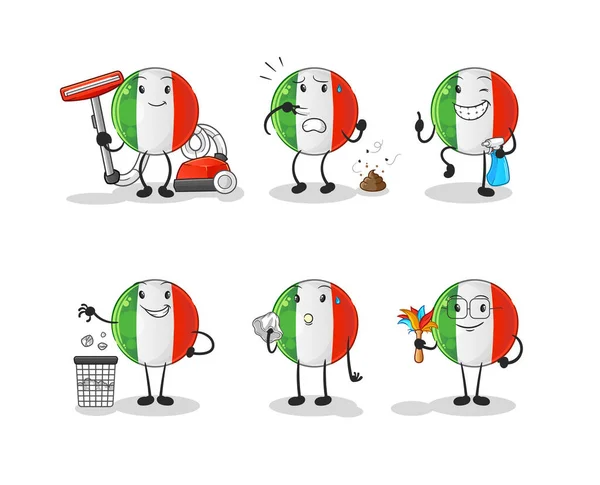 イタリアの旗クリーニンググループキャラクター 漫画マスコットベクトル — ストックベクタ