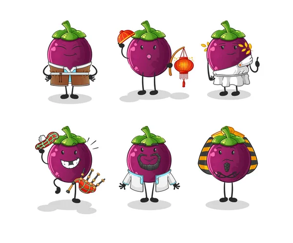 Mangosteen World Culture Group Cartoon Mascot Vector — Stock Vector