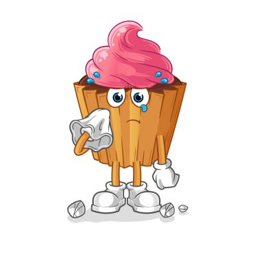 cupcake cry with a tissue. cartoon mascot vector