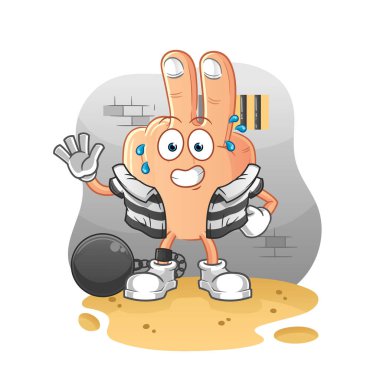 peace finger head cartoon criminal in jail. cartoon character