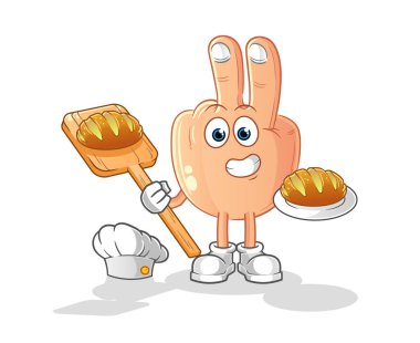 peace finger head cartoon baker with bread. cartoon mascot vector