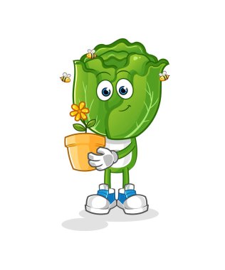 cabbage head cartoon with a flower pot. character vector