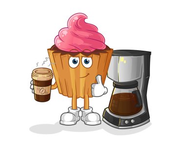 cupcake drinking coffee illustration. character vector