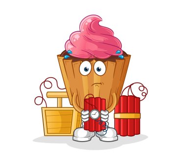 cupcake holding dynamite character. cartoon mascot vector