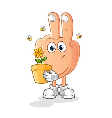 peace finger head cartoon with a flower pot. character vector