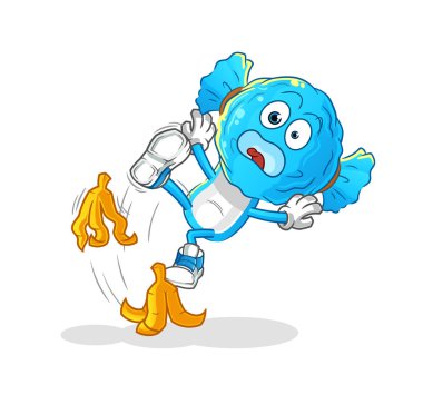 candy head cartoon slipped on banana. cartoon mascot vector