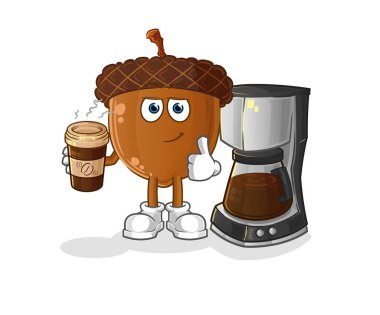 acorn head cartoon drinking coffee illustration. character vector
