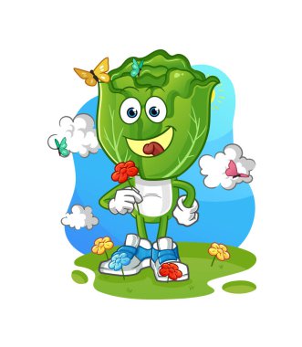 cabbage head cartoon pick flowers in spring. character vector