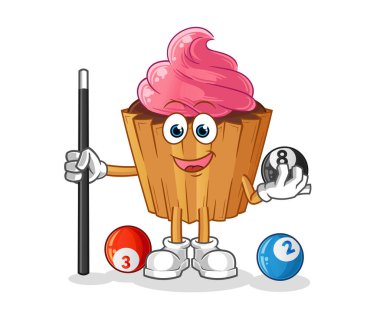 cupcake plays billiard character. cartoon mascot vector