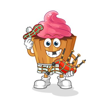 cupcake scottish with bagpipes vector. cartoon character