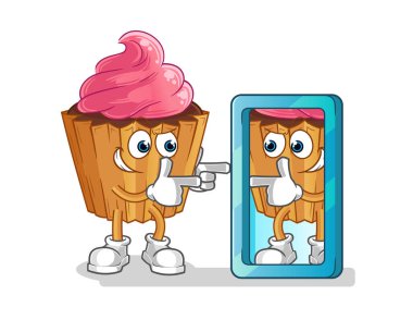 cupcake looking into mirror cartoon. cartoon mascot vector