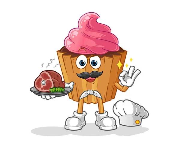 Cupcake Chef Con Mascotte Carne Vettore Dei Cartoni Animati — Vettoriale Stock