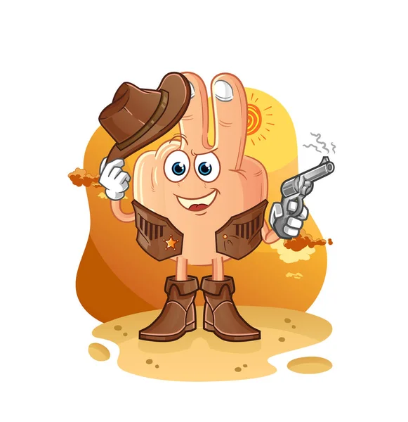 Peace Finger Head Cartoon Cowboy Gun Character Vector — Stok Vektör