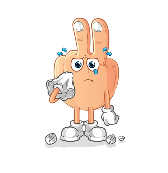 Peace Finger Head Cartoon Cry Tissue Cartoon Mascot Vector — Stockvector