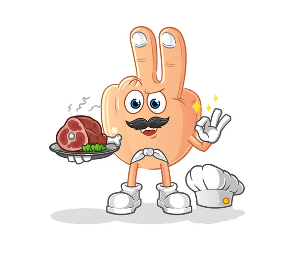 Peace Finger Head Cartoon Chef Meat Mascot Cartoon Vector — Stockvector