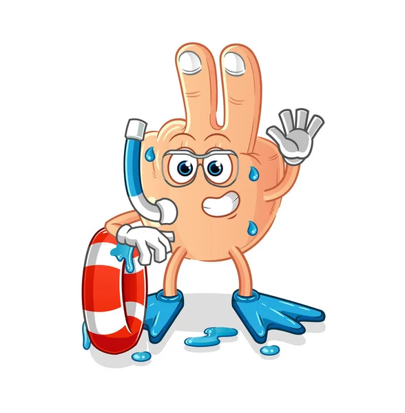 Peace Finger Head Cartoon Swimmer Buoy Mascot Cartoon Vector — Stockvektor